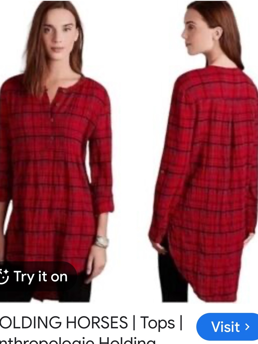 Anthropologie blouse. tunic Holding Horses Halfpenny Plaid Hi-Lo Popover small